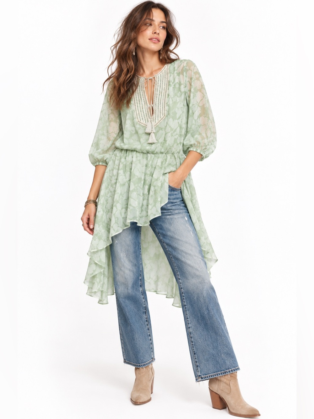 Blue Tassel Silk Tunic Hi-Lo Mint Green with Silver Embroidery Rope Tassel Belt